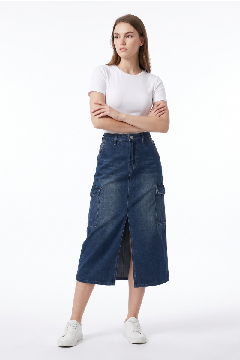 Women's High Waist Front Slit Denim Midi Skirt