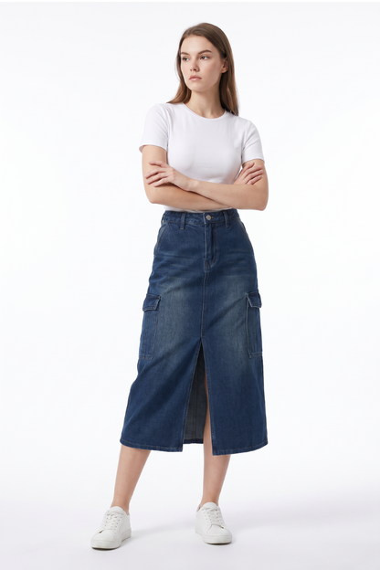 Women's High Waist Front Slit Denim Midi Skirt