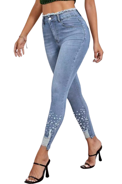 Women's High Waisted Pearl Embellished Skinny Jeans