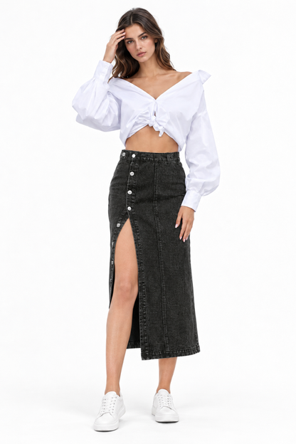 Women's High Waist Side Button Denim Midi Skirt