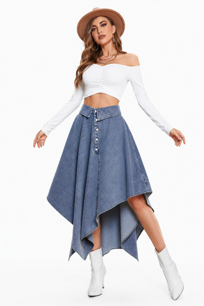 Women's High Waist Button Front Denim Skirt