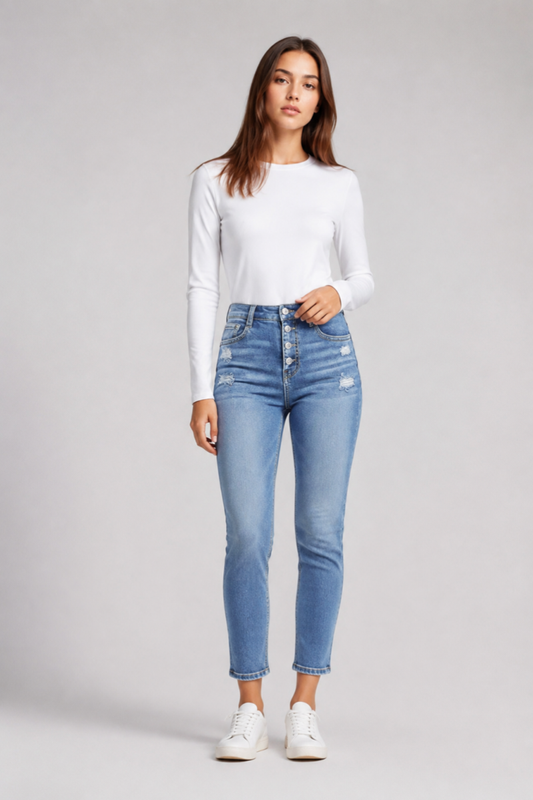 Women's High Waist Button Stretch Skinny Jeans