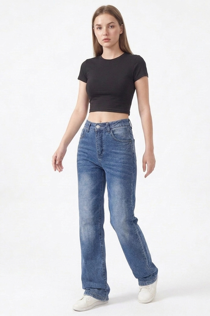 Women's Classic Blue Washed High Waist Straight Leg Jeans