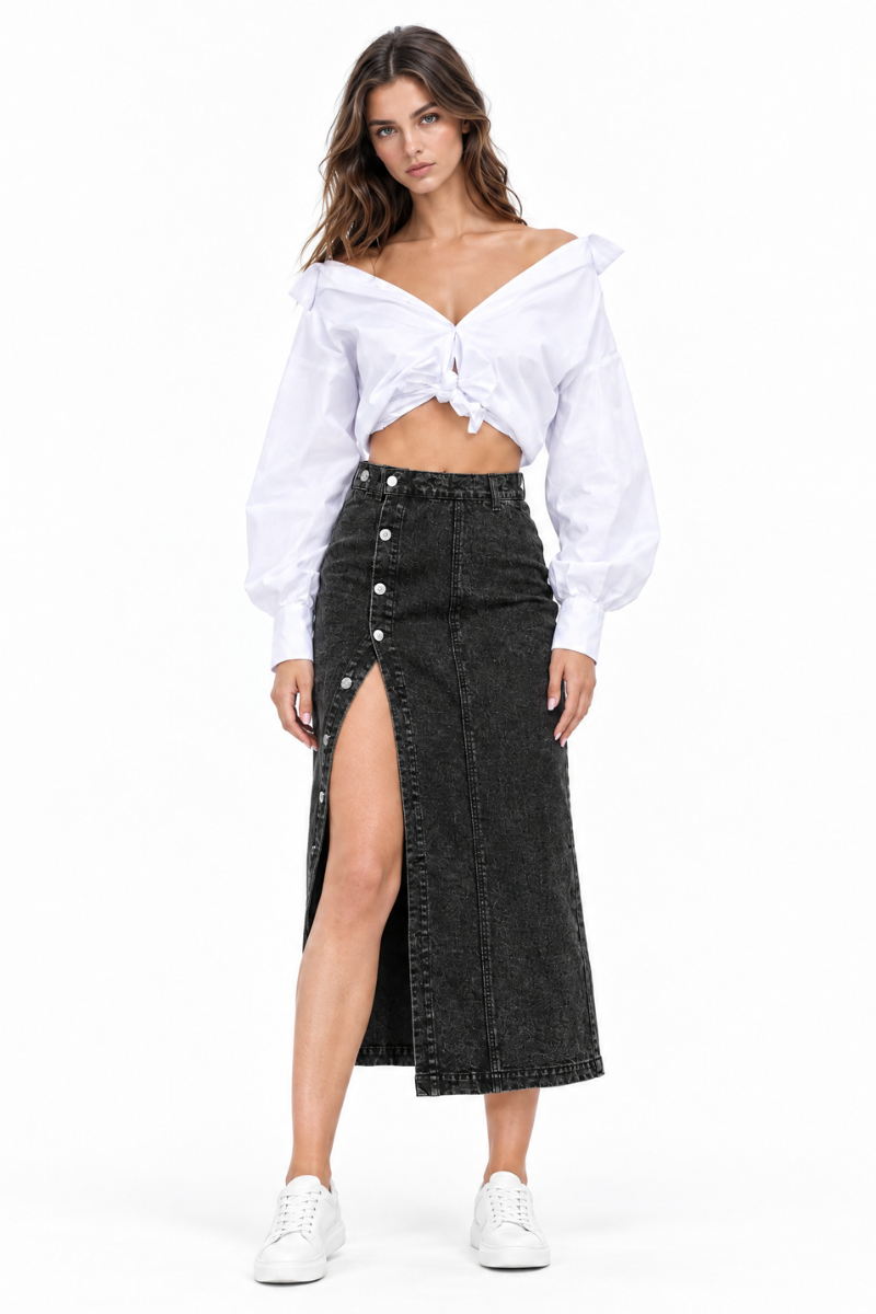 Women's High Waist Side Button Denim Midi Skirt