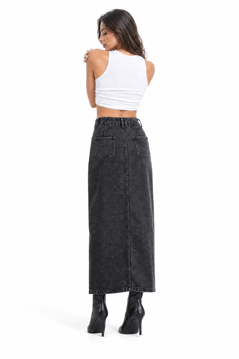 Women's High Waist Front Button Denim Midi Skirt