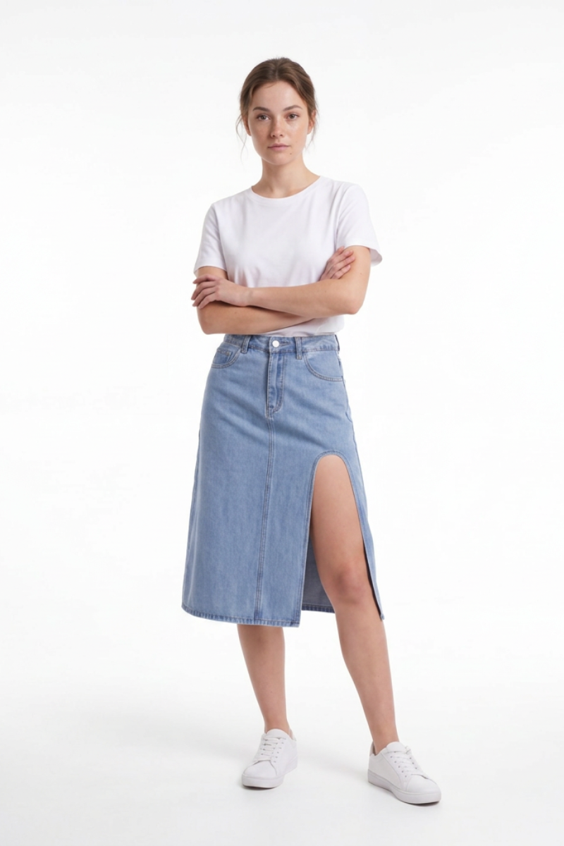 Women's High Waist A-Line Front Slit Denim Midi Skirt