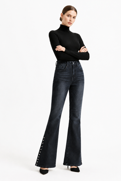 Women's High Waist Flare Jeans with Side Pearl Details
