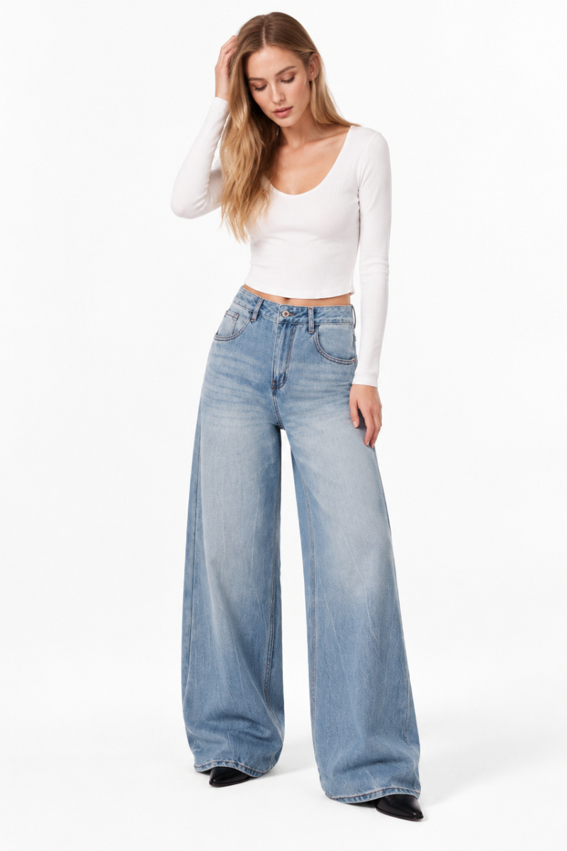 Women's 100% Cotton High Waist Wash Wide Leg Jeans