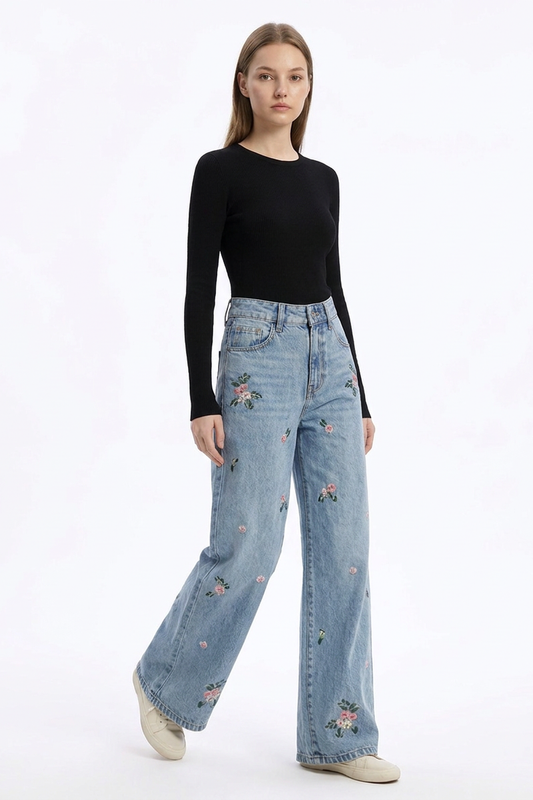 Women's Vintage Wash Embroidered High Waist Wide Leg Jeans