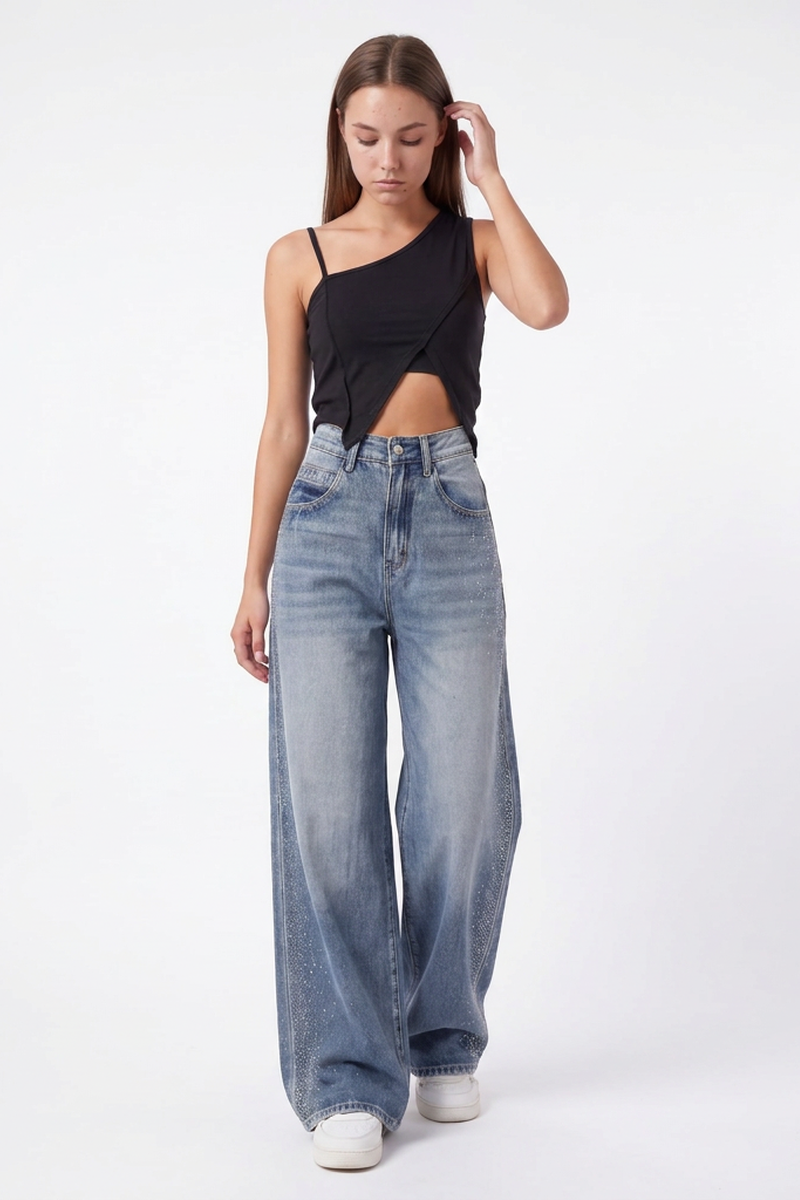 Women's Sparkly Diamante High Waist Stretch Wide Leg Jeans