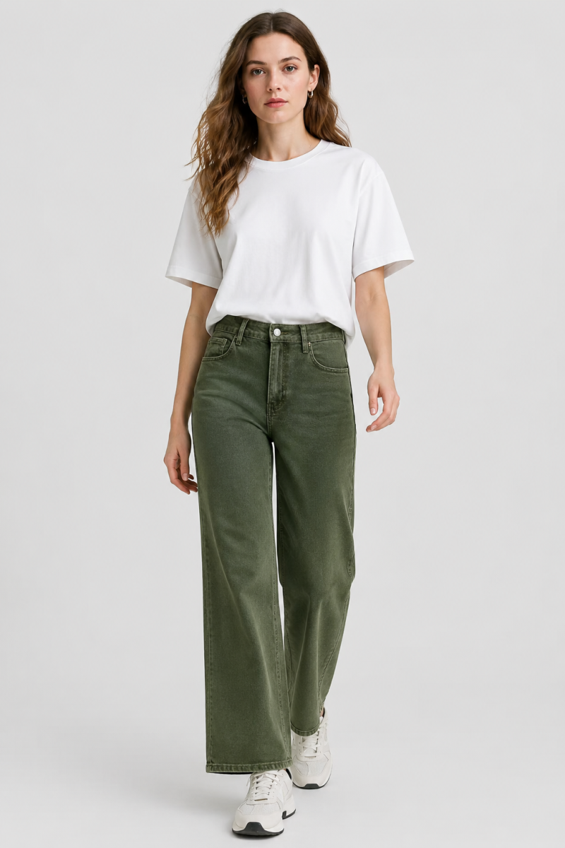 Women's high-waisted stretch loose straight-leg jeans
