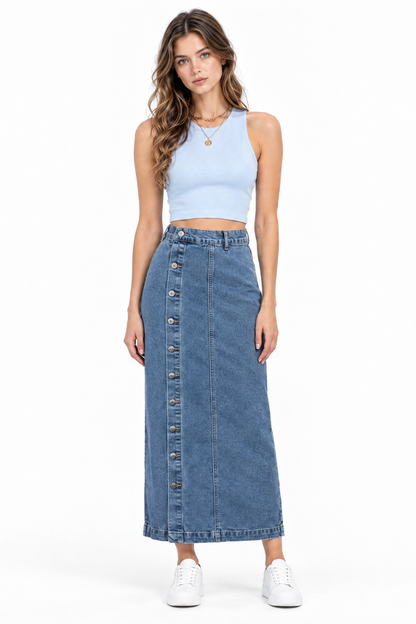 Women's High Waist Side Button Denim Midi Skirt