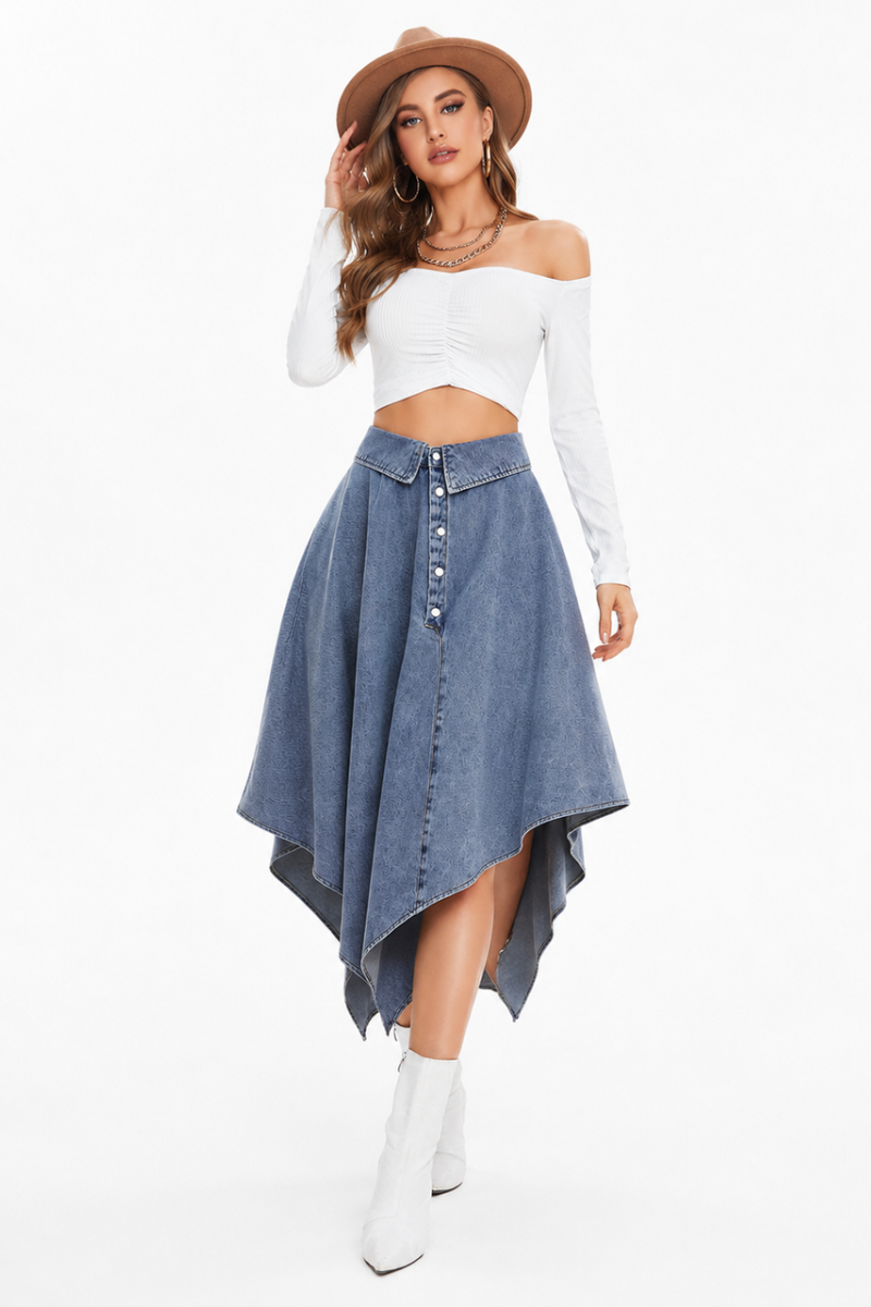 Women's High Waist Button Front Denim Skirt