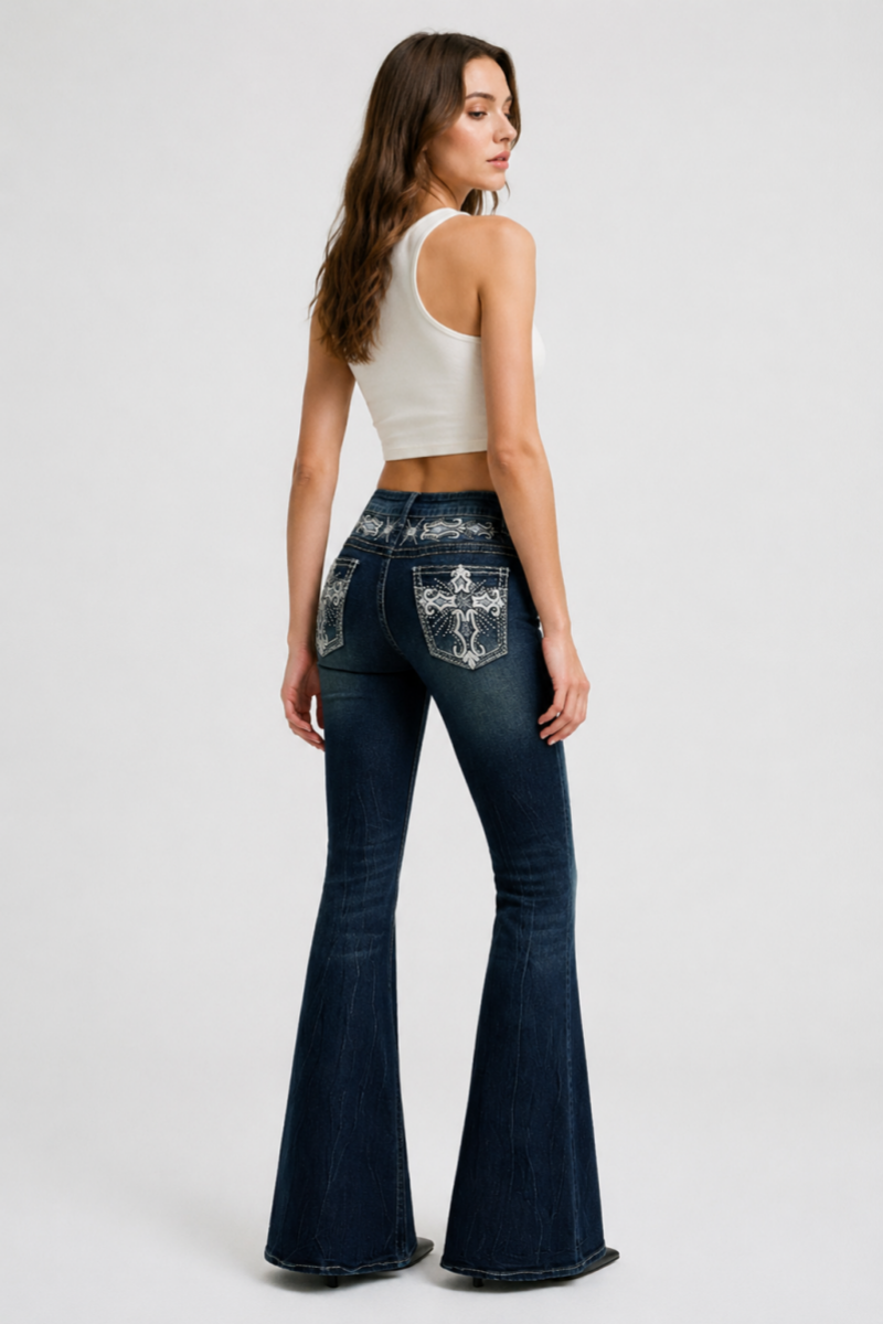 Women's High Waist Flare Jeans with Retro Embroidery