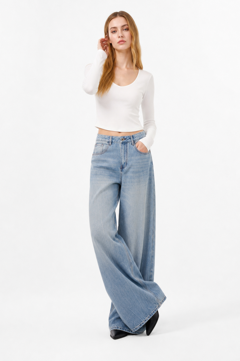 Women's 100% Cotton High Waist Wash Wide Leg Jeans