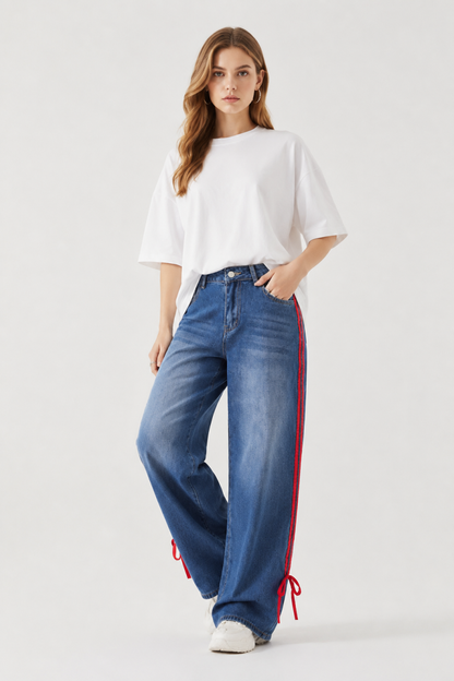 Women's High Waist Wide Leg Jeans with Red Side Stripe