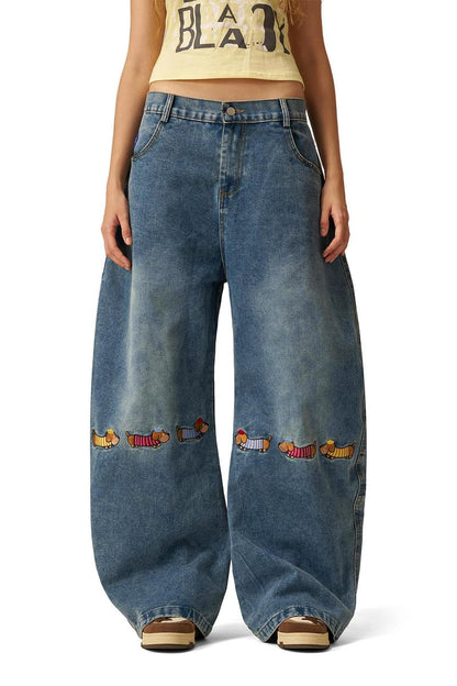 Women's Blue Cartoon Dog Embroidered Oversized Jeans