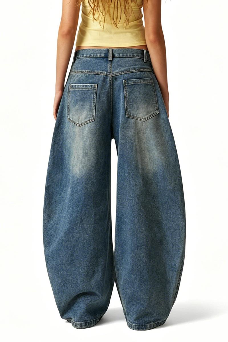 Women's Blue Cartoon Dog Embroidered Oversized Jeans