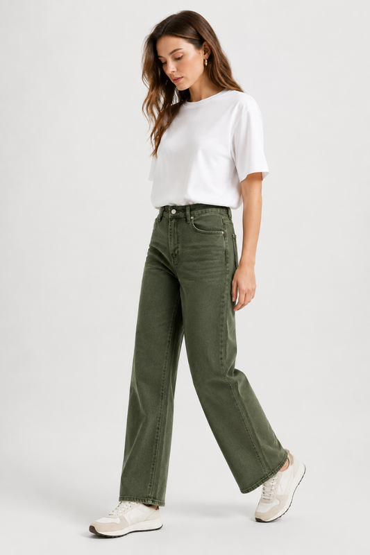 Women's high-waisted stretch loose straight-leg jeans