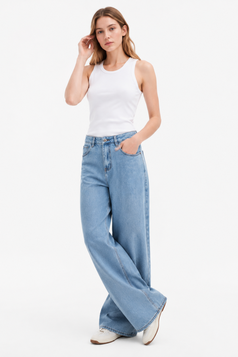 Women's 100% Cotton High Waist Wash Wide Leg Jeans