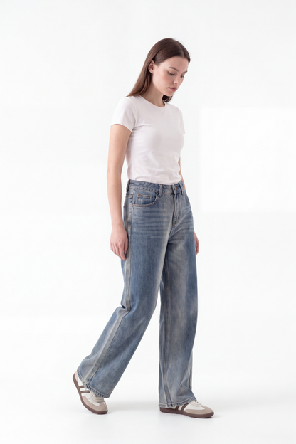 Women's High Waist Gradient Blue Wide Leg Jeans