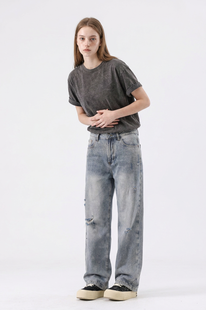 Women's High Waist Distressed Ripped Straight Jeans
