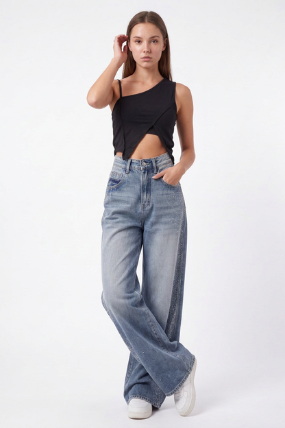 Women's Sparkly Diamante High Waist Stretch Wide Leg Jeans