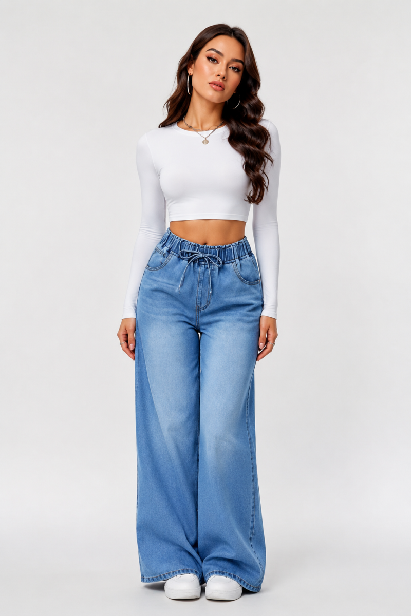 Women's Drawstring Elastic Waist Wide Leg Jeans