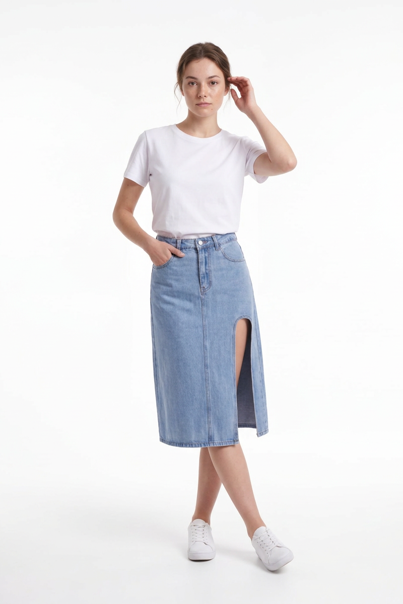 Women's High Waist A-Line Front Slit Denim Midi Skirt