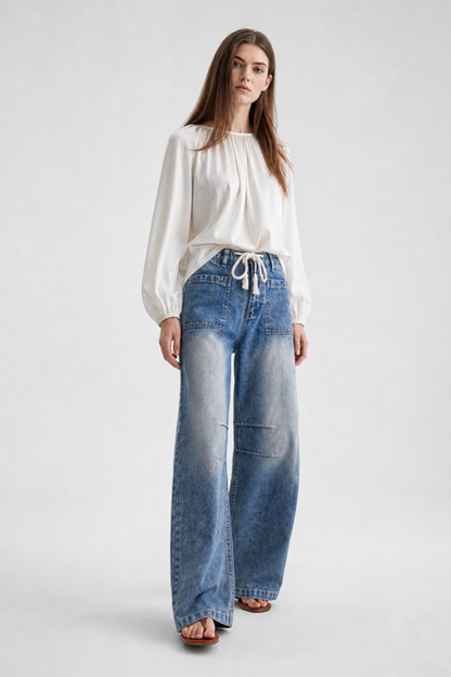 Women's High Waist Drawstring Wide Leg Jeans
