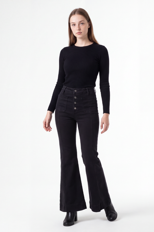 Women's Black High Waist Button Fly Stretch Flare Jeans