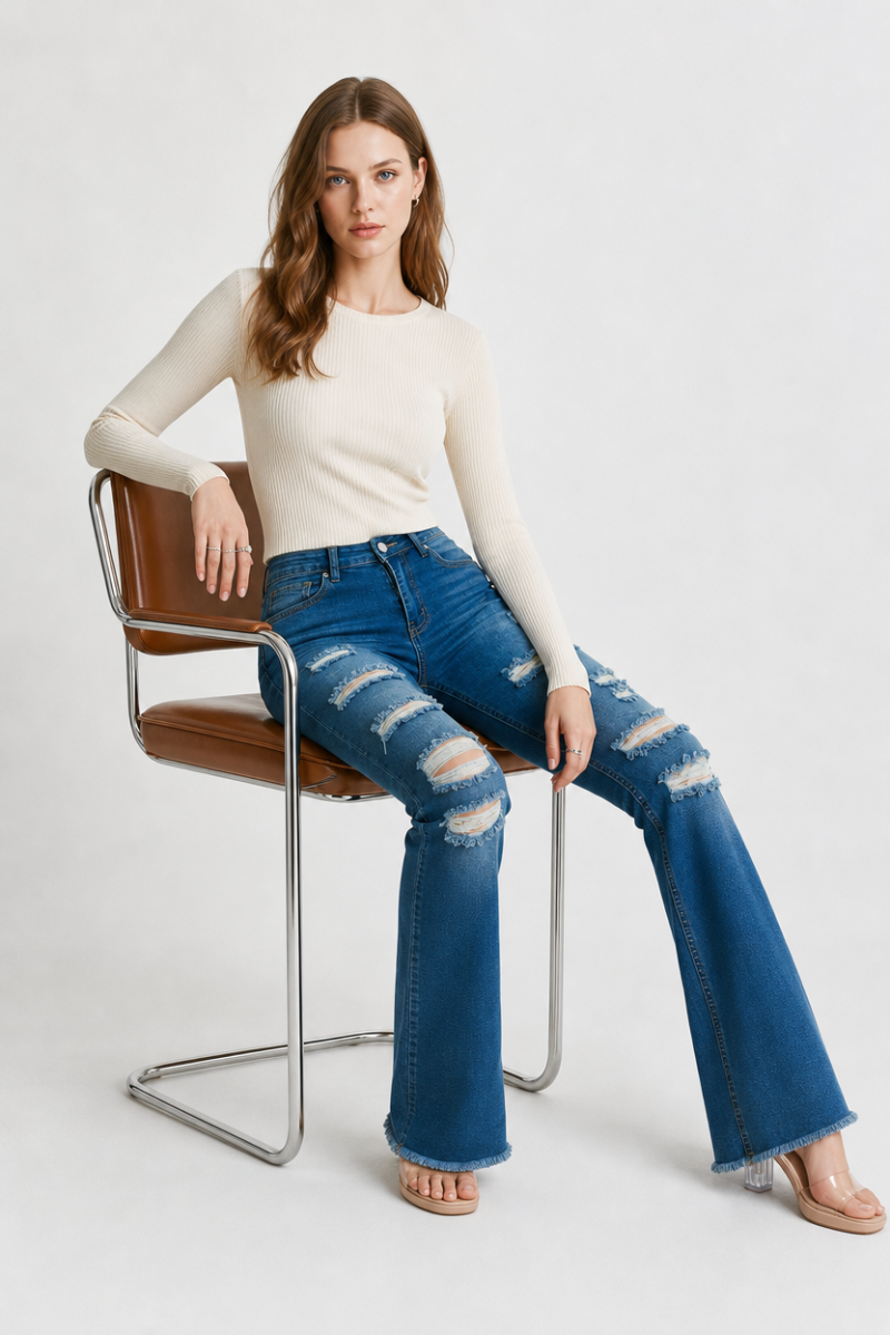 Women's Distressed Ripped Frayed Hem Stretch Flare Jeans