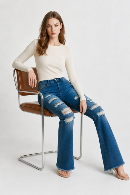 Women's Distressed Ripped Frayed Hem Stretch Flare Jeans