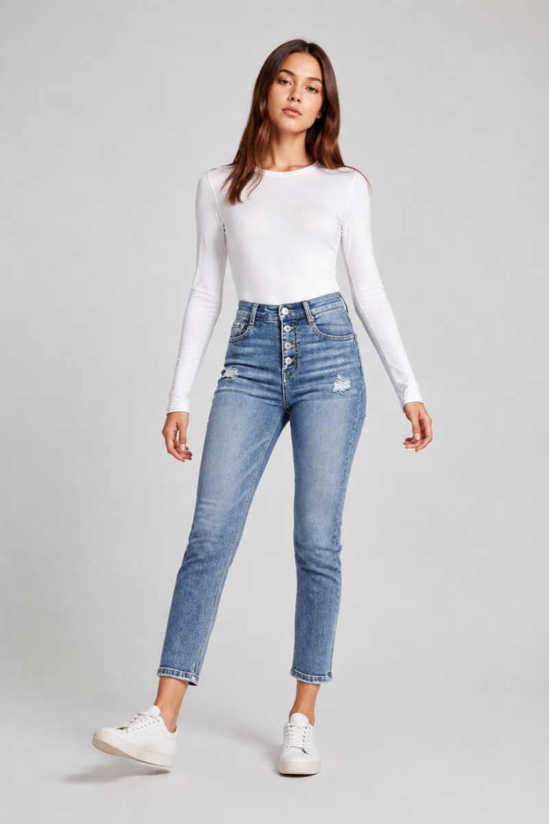 Women's High Waist Button Stretch Skinny Jeans