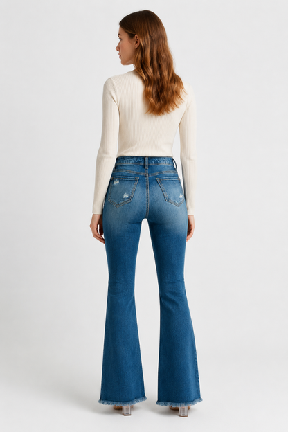 Women's Distressed Ripped Frayed Hem Stretch Flare Jeans