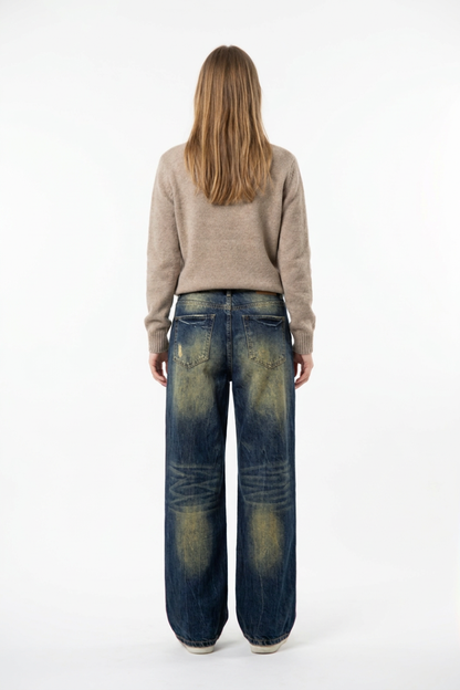 Women's Vintage Heavy Wash High Waist Straight Leg Jeans