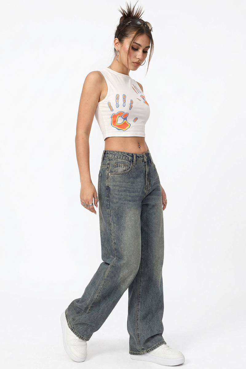 Women's Vintage Wash High Waist Loose Wide Leg Jeans