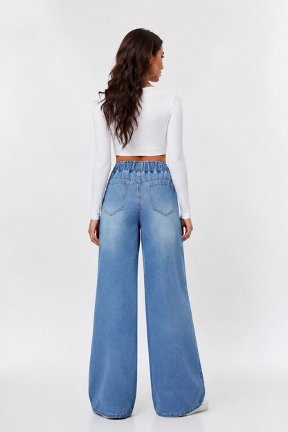 Women's Drawstring Elastic Waist Wide Leg Jeans
