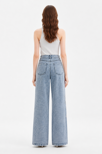 Women's High Waist Floral Embroidered Wide Leg Jeans