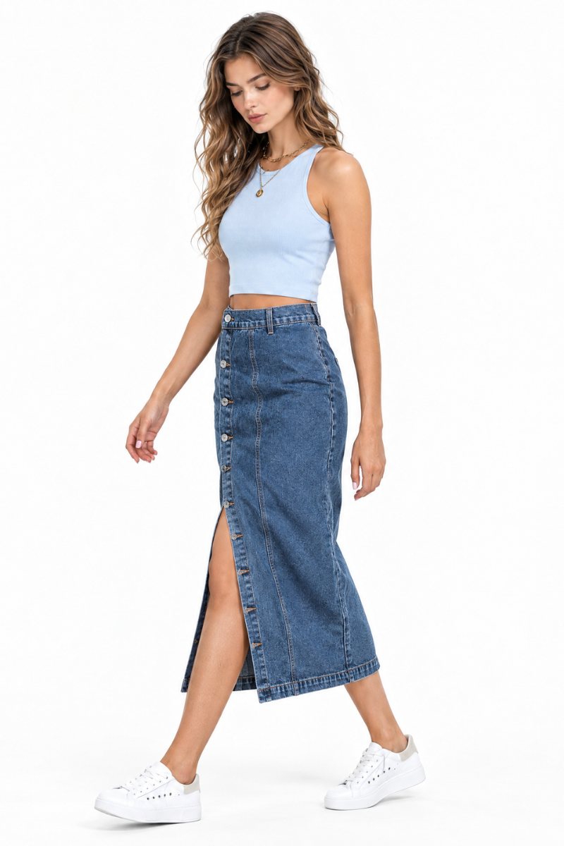 Women's High Waist Side Button Denim Midi Skirt