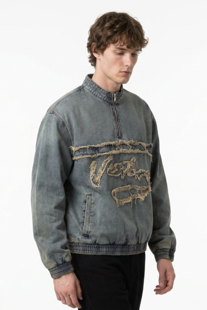Men's Vintage Light Blue Half-Zip Distressed Denim Top