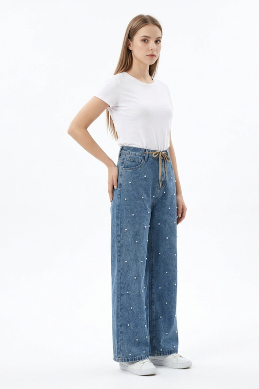 Women's High Waist Drawstring Waist Pearl Wide Leg Jeans