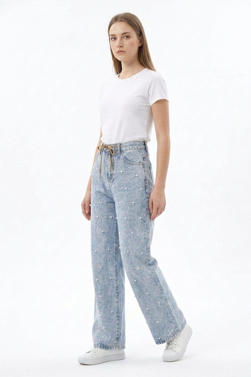 Women's High Waist Drawstring Waist Pearl Wide Leg Jeans