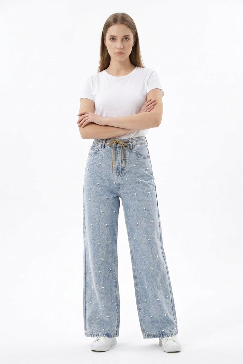 Women's High Waist Drawstring Waist Pearl Wide Leg Jeans