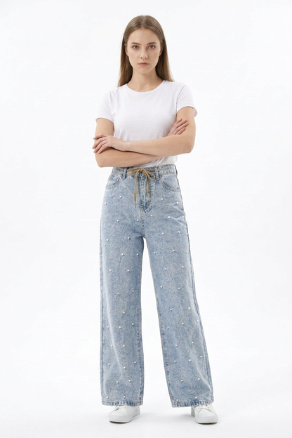 Women's High Waist Drawstring Waist Pearl Wide Leg Jeans
