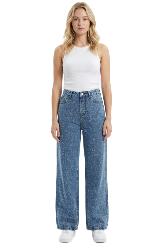 Women's High Waist Allover Rhinestone Loose Wide Leg Jeans