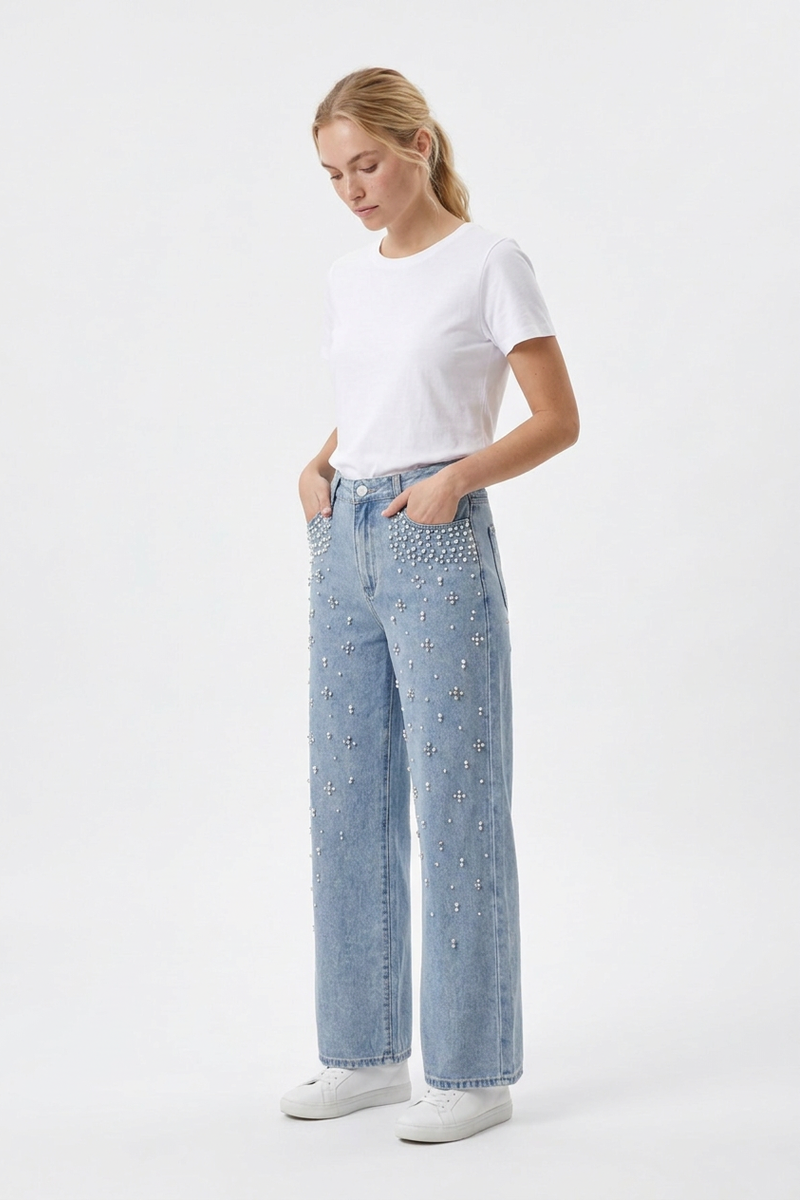Women's High Waist Pearl Trim Wide Leg Jeans