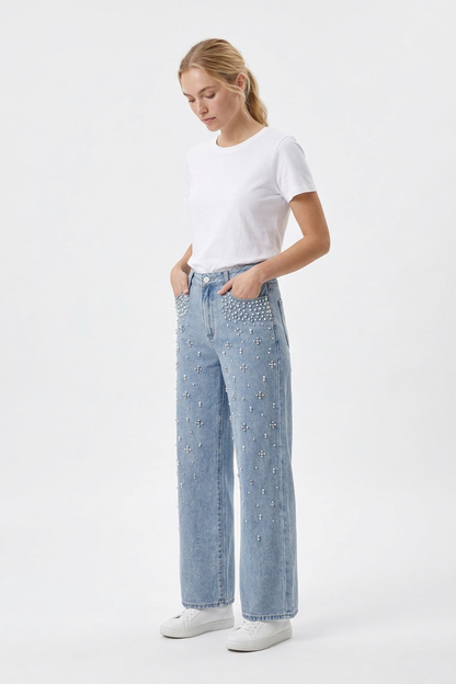 Women's High Waist Pearl Trim Wide Leg Jeans