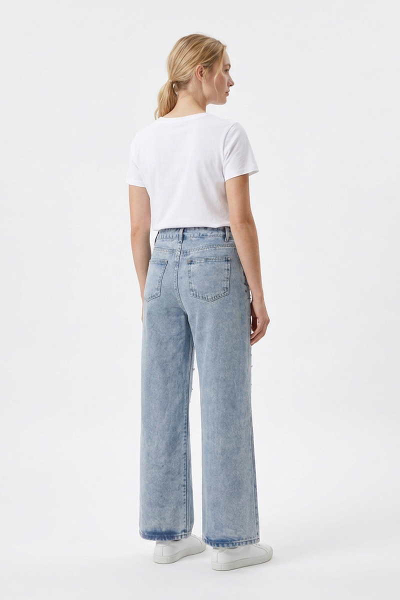 Women's High Waist Pearl Trim Wide Leg Jeans