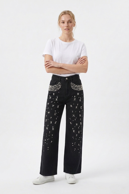 Women's High Waist Pearl Trim Wide Leg Jeans